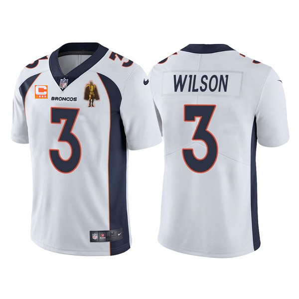 Men's Denver Broncos #3 Russell Wilson White With C Patch & Walter Payton Patch Limited Stitched Jersey