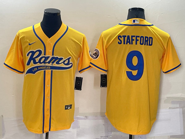Men's Los Angeles Rams #9 Matthew Stafford Yellow Cool Base Stitched Baseball Jersey