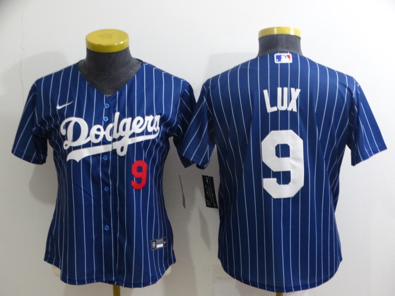 Women's Los Angeles Dodgers #9 Gavin Lux Navy Blue Pinstripe Stitched MLB Cool Base Nike Jersey Women's Los Angeles Dodgers #9 Gavin Lux Navy Blue Pinstripe Stitched MLB Cool Base Nike Jersey