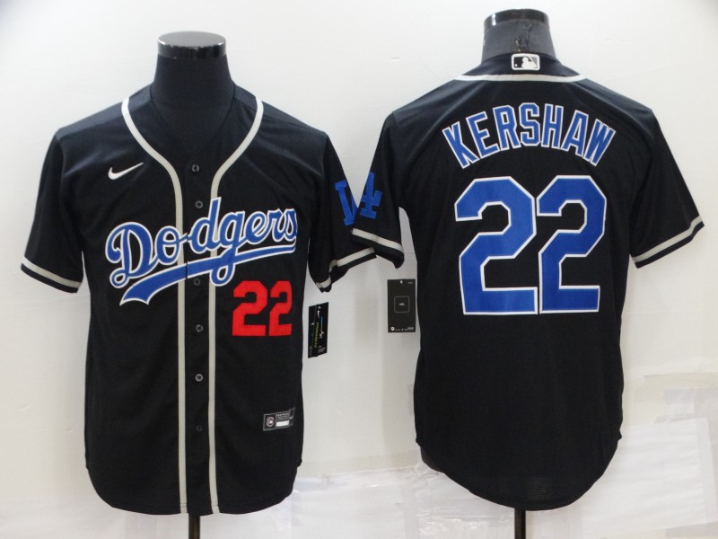 Men's Los Angeles Dodgers #22 Clayton Kershaw Black Blue Name Stitched MLB Cool Base Nike Jersey