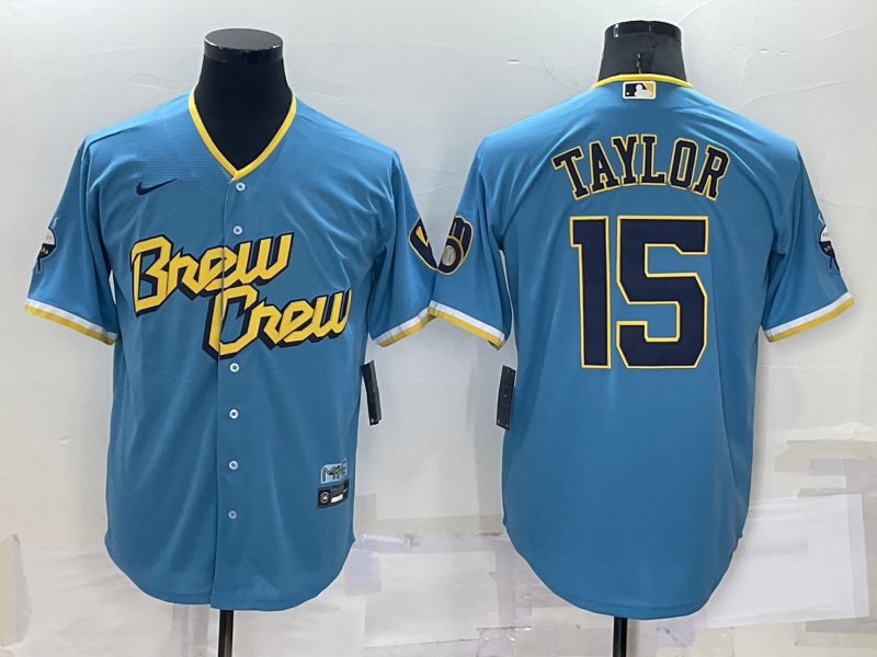 Men's Milwaukee Brewers #15 Tyrone Taylor Blue 2022 City Connect Cool Base Stitched Jersey