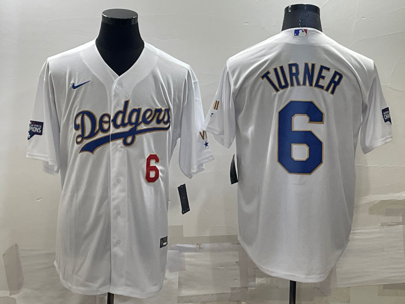Men's Los Angeles Dodgers #6 Trea Turner Number White Gold Championship Stitched MLB Cool Base Nike Jersey