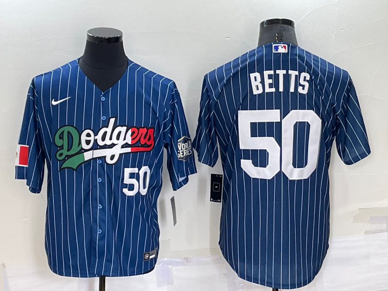 Men's Los Angeles Dodgers #50 Mookie Betts Number Navy Blue Pinstripe 2020 World Series Cool Base Nike Jersey