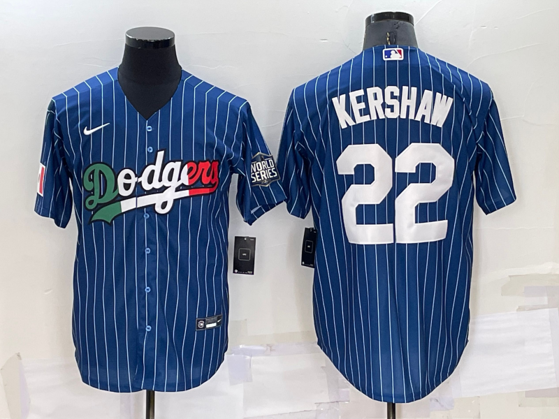 Men's Los Angeles Dodgers #22 Clayton Kershaw Navy Blue Pinstripe 2020 World Series Cool Base Nike Jersey