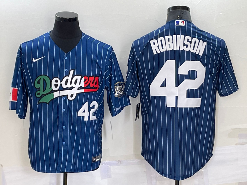 Men's Los Angeles Dodgers #42 Jackie Robinson Number Navy Blue Pinstripe 2020 World Series Cool Base Nike Jersey