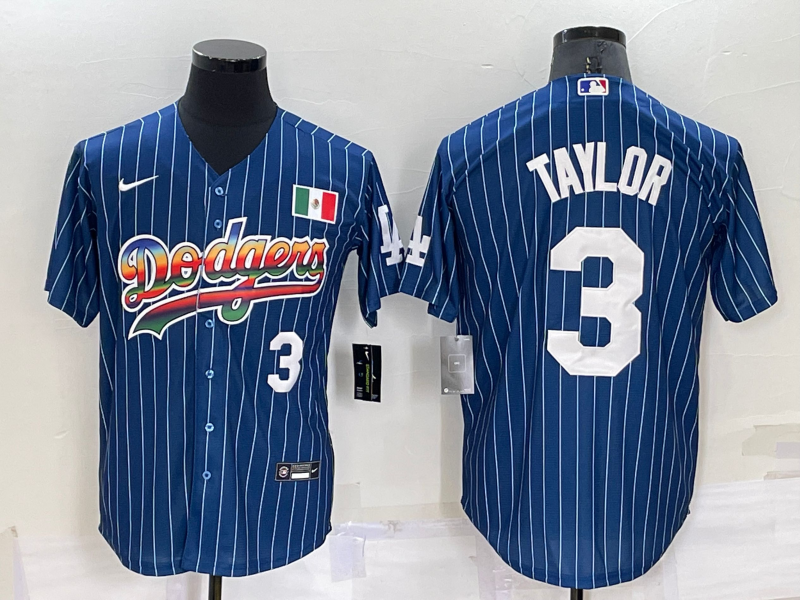 Men's Los Angeles Dodgers #3 Chris Taylor Number Rainbow Blue Red Pinstripe Mexico Cool Base Nike Jersey