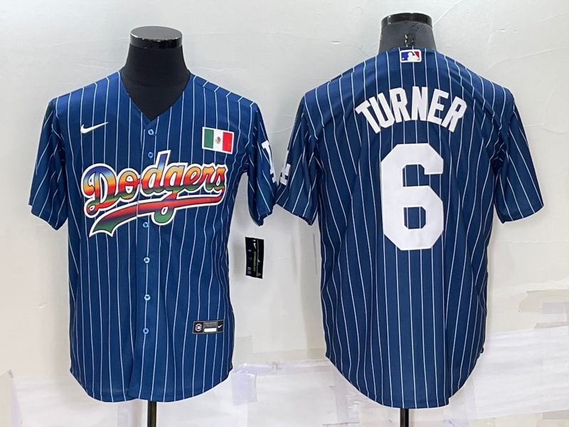 Men's Los Angeles Dodgers #6 Trea Turner Rainbow Blue Red Pinstripe Mexico Cool Base Nike Jersey