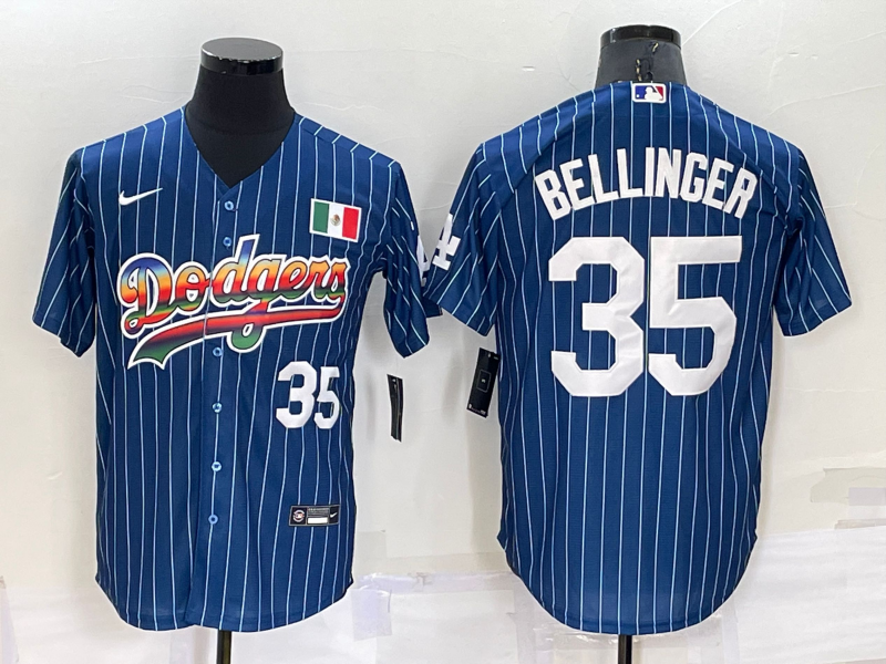 Mens Los Angeles Dodgers #35 Cody Bellinger Number Rainbow Blue Red Pinstripe Mexico Cool Base Nike Jersey Mens Los Angeles Dodgers #35 Cody Bellinger Number Rainbow Blue Red Pinstripe Mexico Cool Base Nike Jersey