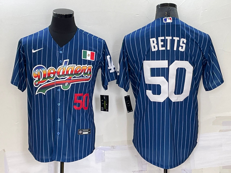 Men's Los Angeles Dodgers #50 Mookie Betts Number Rainbow Blue Red Pinstripe Mexico Cool Base Nike Jersey