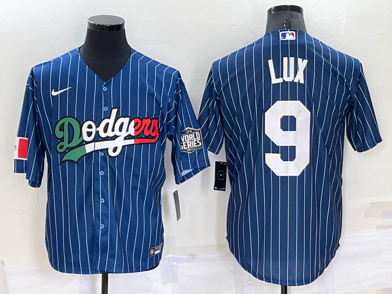 Men's Los Angeles Dodgers #9 Gavin Lux Navy Blue Pinstripe 2020 World Series Cool Base Nike Jersey