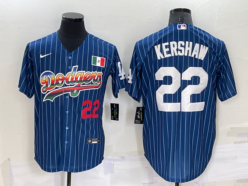 Men's Los Angeles Dodgers #22 Clayton Kershaw Number Rainbow Blue Red Pinstripe Mexico Cool Base Nike Jersey