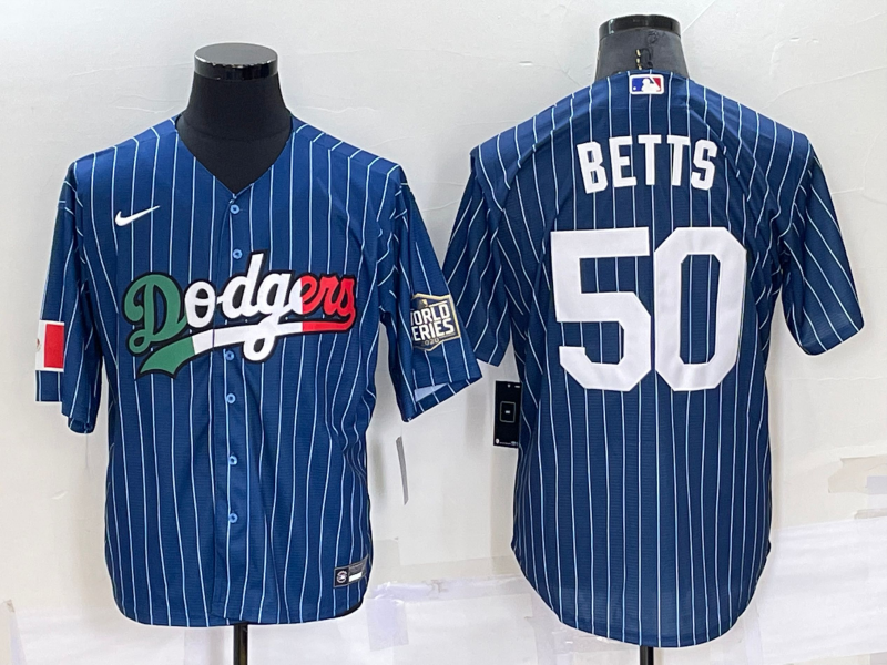 Men's Los Angeles Dodgers #50 Mookie Betts Navy Blue Pinstripe 2020 World Series Cool Base Nike Jersey