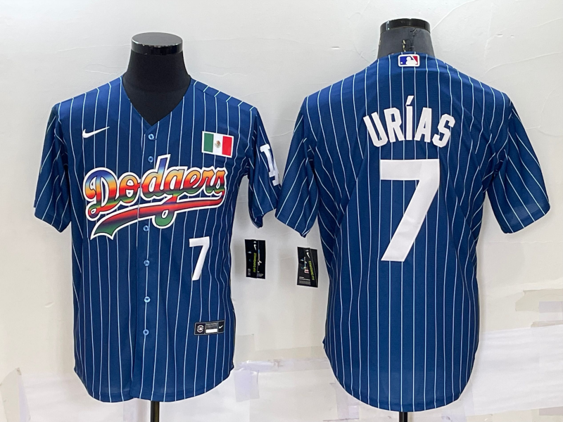 Men's Los Angeles Dodgers #7 Julio Urias Number Rainbow Navy Blue Pinstripe Mexico Cool Base Nike Jersey Men's Los Angeles Dodgers #7 Julio Urias Number Rainbow Navy Blue Pinstripe Mexico Cool Base Nike Jersey