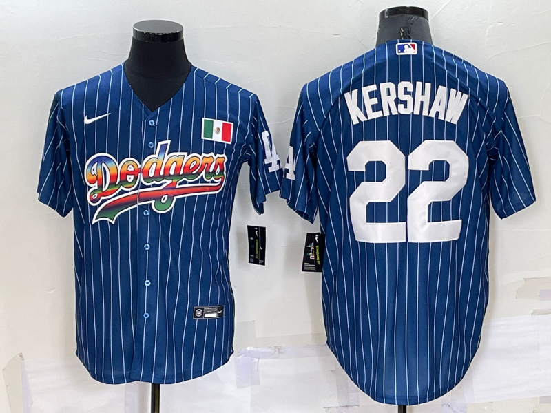 Men's Los Angeles Dodgers #22 Clayton Kershaw Rainbow Blue Red Pinstripe Mexico Cool Base Nike Jersey Men's Los Angeles Dodgers #22 Clayton Kershaw Rainbow Blue Red Pinstripe Mexico Cool Base Nike Jersey