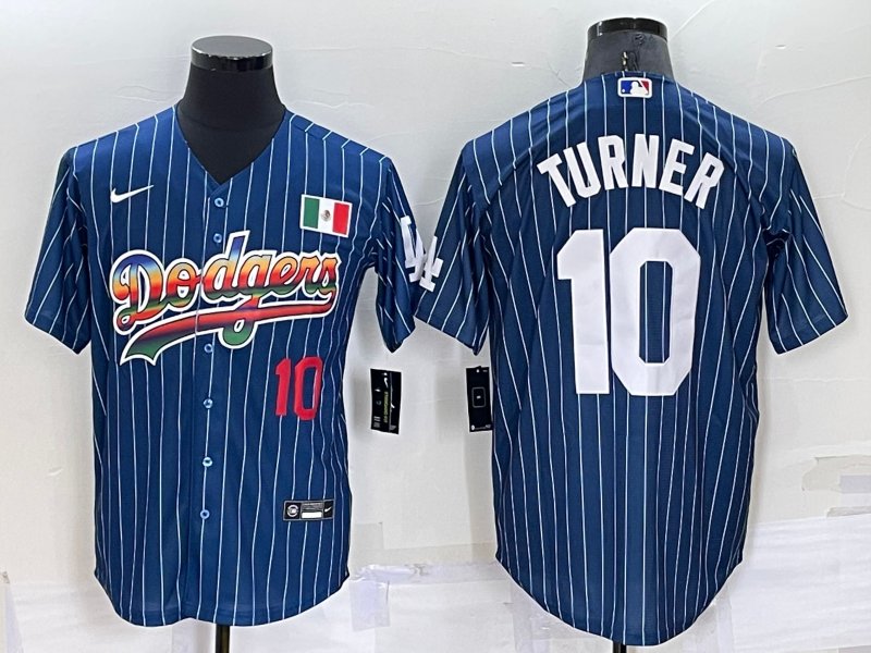 Mens Los Angeles Dodgers #10 Justin Turner Number Rainbow Blue Red Pinstripe Mexico Cool Base Nike Jersey