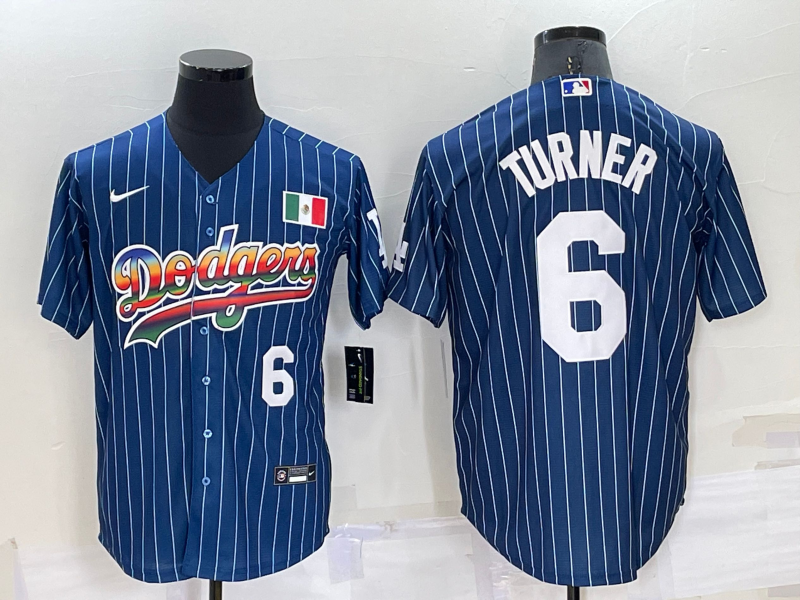 Mens Los Angeles Dodgers #6 Trea Turner Number Rainbow Blue Red Pinstripe Mexico Cool Base Nike Jersey