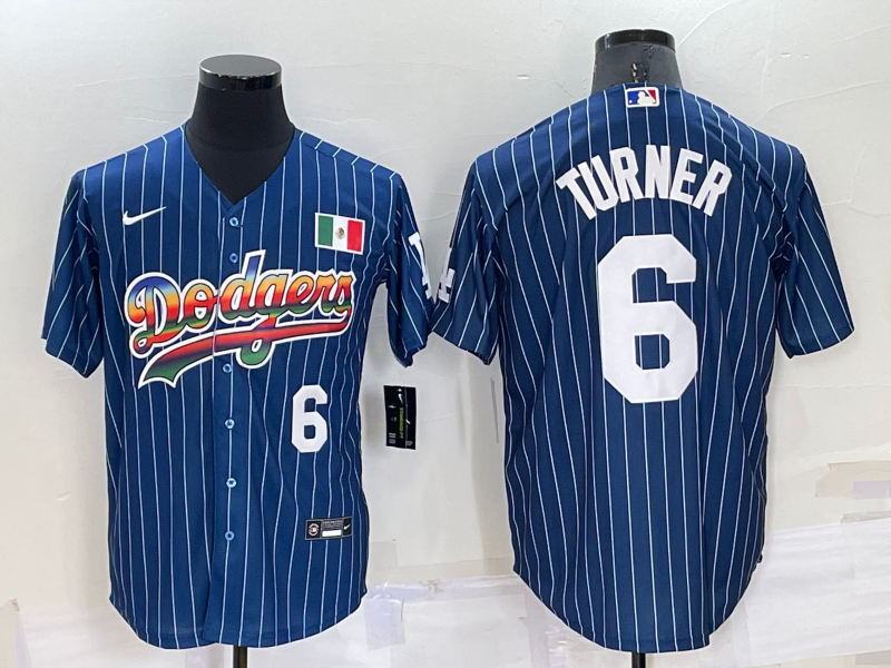 Mens Los Angeles Dodgers #6 Trea Turner Number Rainbow Blue Red Pinstripe Mexico Cool Base Nike Jersey Mens Los Angeles Dodgers #6 Trea Turner Number Rainbow Blue Red Pinstripe Mexico Cool Base Nike Jersey