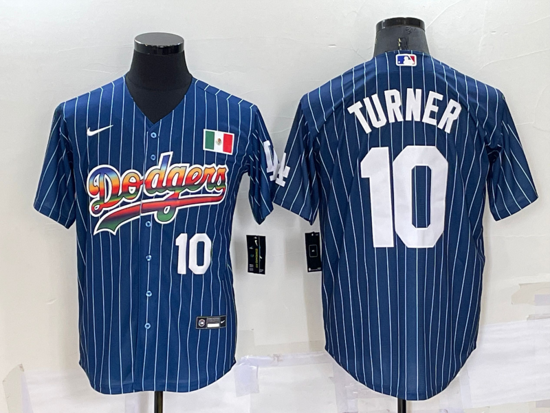 Men's Los Angeles Dodgers #10 Justin Turner Number Rainbow Blue Red Pinstripe Mexico Cool Base Nike Jersey Men's Los Angeles Dodgers #10 Justin Turner Number Rainbow Blue Red Pinstripe Mexico Cool Base Nike Jersey