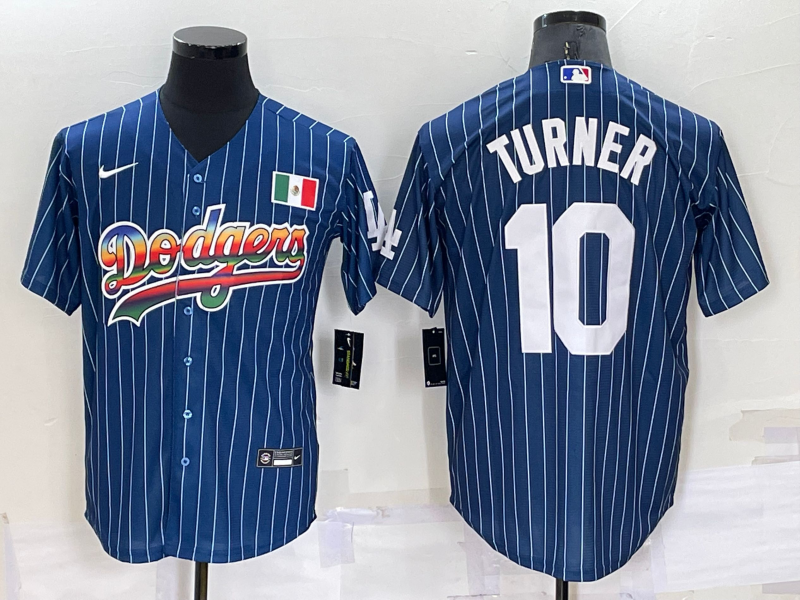 Men's Los Angeles Dodgers #10 Justin Turner Rainbow Blue Red Pinstripe Mexico Cool Base Nike Jersey Men's Los Angeles Dodgers #10 Justin Turner Rainbow Blue Red Pinstripe Mexico Cool Base Nike Jersey