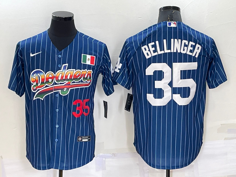 Men's Los Angeles Dodgers #35 Cody Bellinger Number Rainbow Blue Red Pinstripe Mexico Cool Base Nike Jersey