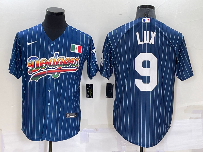 Men's Los Angeles Dodgers #9 Gavin Lux Rainbow Blue Red Pinstripe Mexico Cool Base Nike Jersey