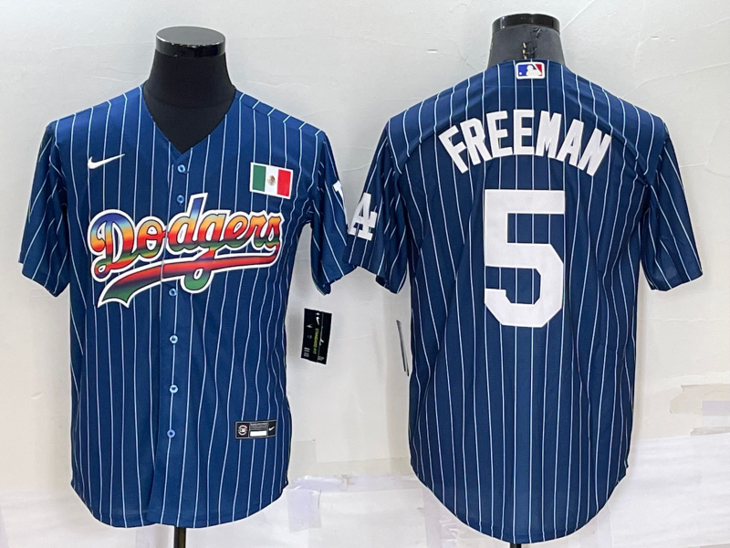 Men's Los Angeles Dodgers #5 Freddie Freeman Rainbow Blue Red Pinstripe Mexico Cool Base Nike Jersey Men's Los Angeles Dodgers #5 Freddie Freeman Rainbow Blue Red Pinstripe Mexico Cool Base Nike Jersey