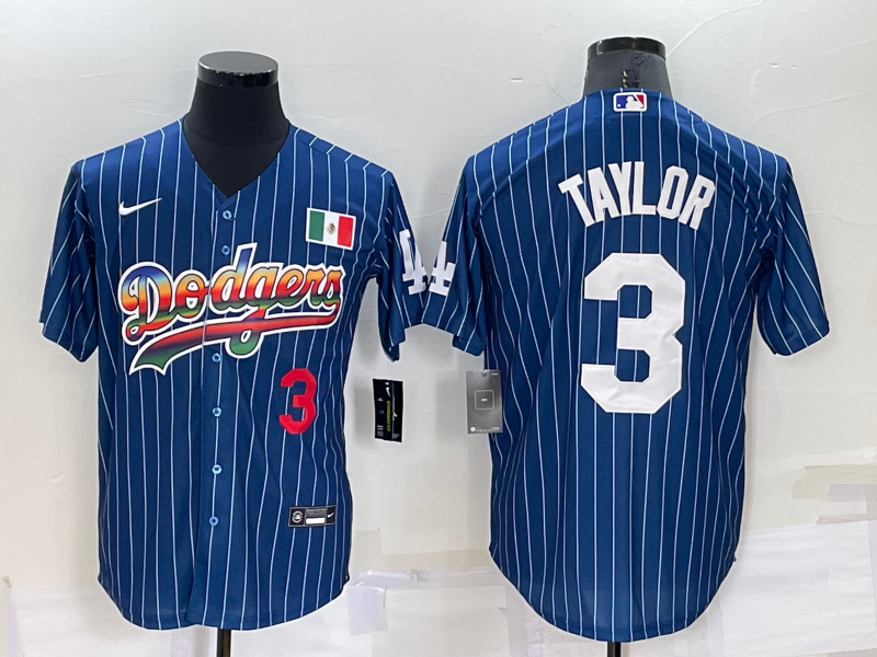 Mens Los Angeles Dodgers #3 Chris Taylor Number Rainbow Blue Red Pinstripe Mexico Cool Base Nike Jersey Mens Los Angeles Dodgers #3 Chris Taylor Number Rainbow Blue Red Pinstripe Mexico Cool Base Nike Jersey