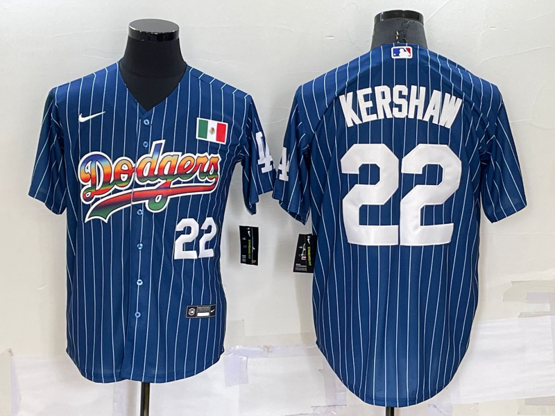 Mens Los Angeles Dodgers #22 Clayton Kershaw Number Rainbow Blue Red Pinstripe Mexico Cool Base Nike Jersey