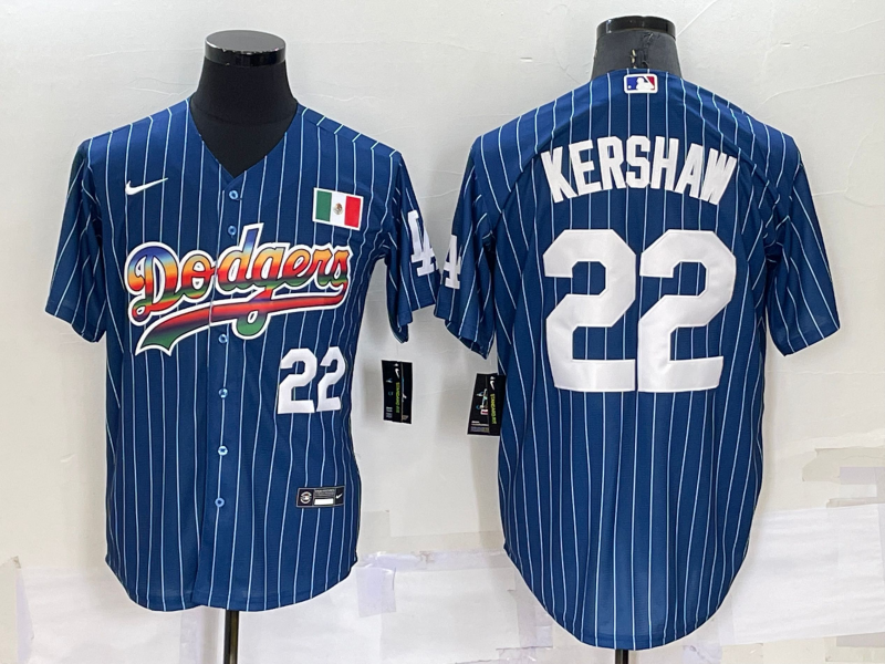 Mens Los Angeles Dodgers #22 Clayton Kershaw Number Rainbow Blue Red Pinstripe Mexico Cool Base Nike Jersey Mens Los Angeles Dodgers #22 Clayton Kershaw Number Rainbow Blue Red Pinstripe Mexico Cool Base Nike Jersey