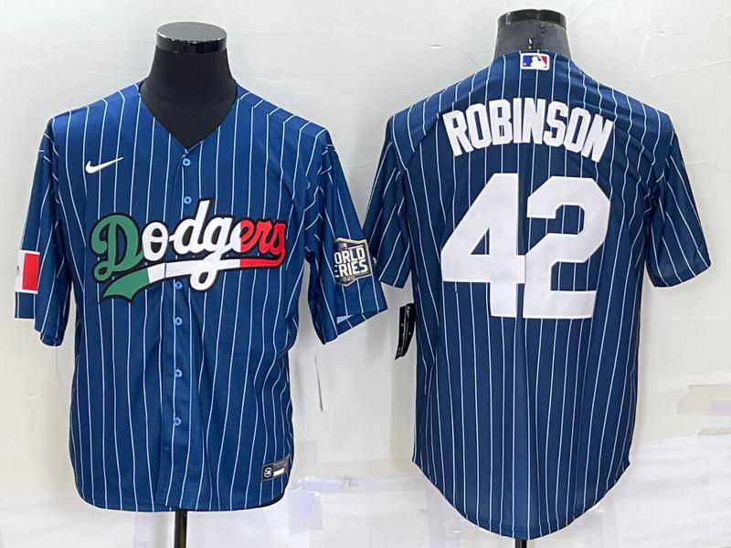 Men's Los Angeles Dodgers #42 Jackie Robinson Navy Blue Pinstripe 2020 World Series Cool Base Nike Jersey
