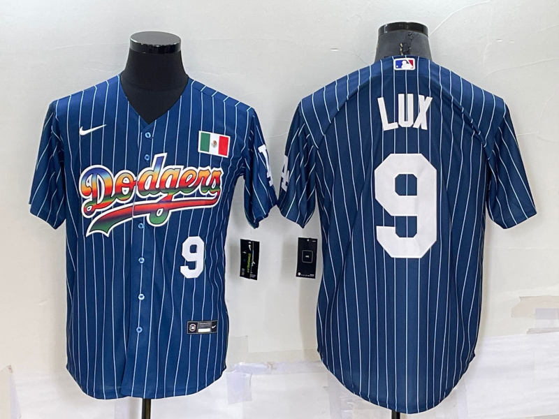 Men's Los Angeles Dodgers #9 Gavin Lux Number Rainbow Blue Red Pinstripe Mexico Cool Base Nike Jersey Men's Los Angeles Dodgers #9 Gavin Lux Number Rainbow Blue Red Pinstripe Mexico Cool Base Nike Jersey