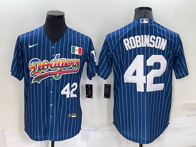 Men's Los Angeles Dodgers #42 Jackie Robinson Number Rainbow Blue Red Pinstripe Mexico Cool Base Nike Jersey