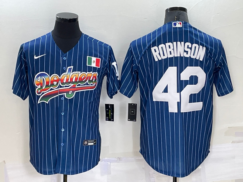 Men's Los Angeles Dodgers #42 Jackie Robinson Rainbow Blue Red Pinstripe Mexico Cool Base Nike Jersey