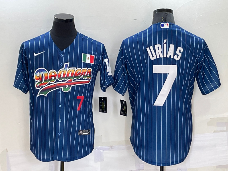 Men's Los Angeles Dodgers #7 Julio Urias Number Rainbow Blue Red Pinstripe Mexico Cool Base Nike Jersey Men's Los Angeles Dodgers #7 Julio Urias Number Rainbow Blue Red Pinstripe Mexico Cool Base Nike Jersey
