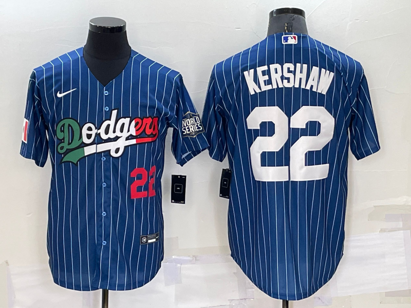 Men's Los Angeles Dodgers #22 Clayton Kershaw Number Navy Blue Pinstripe 2020 World Series Cool Base Nike Jersey Men's Los Angeles Dodgers #22 Clayton Kershaw Number Navy Blue Pinstripe 2020 World Series Cool Base Nike Jersey