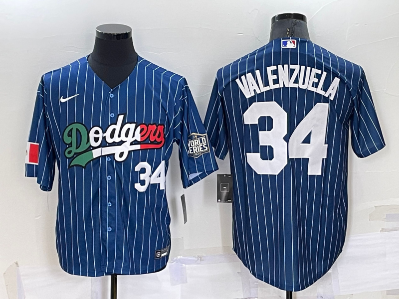 Men's Los Angeles Dodgers #34 Fernando Valenzuela Number Navy Blue Pinstripe Mexico 2020 World Series Cool Base Nike Jersey