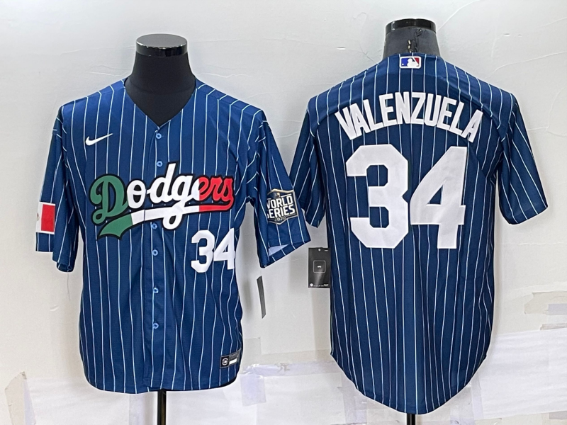 Men's Los Angeles Dodgers #34 Fernando Valenzuela Number Navy Blue Pinstripe Mexico 2020 World Series Cool Base Nike Jersey Men's Los Angeles Dodgers #34 Fernando Valenzuela Number Navy Blue Pinstripe Mexico 2020 World Series Cool Base Nike Jersey