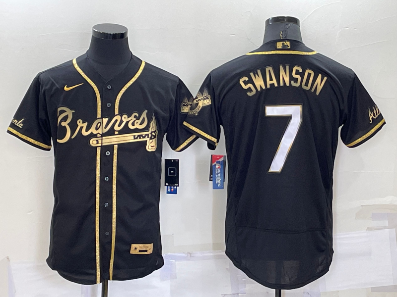 Men's Atlanta Braves #7 Dansby Swanson Black Gold Stitched MLB Flex Base Nike Jersey
