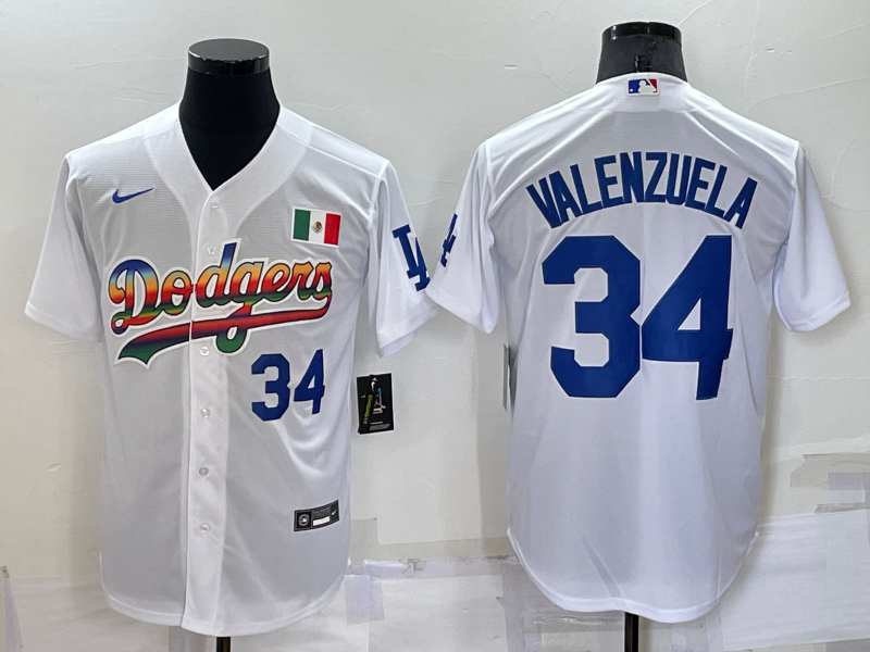 Men's Los Angeles Dodgers #34 Fernando Valenzuela Rainbow Blue White Mexico Cool Base Nike Jersey