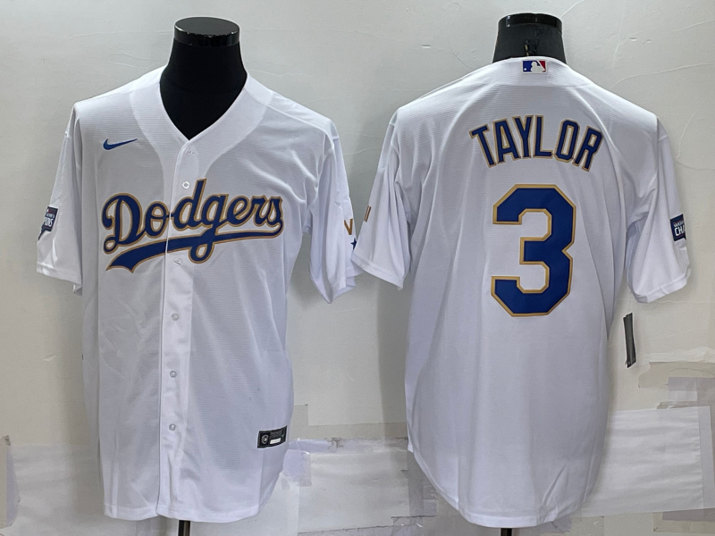 Men's Los Angeles Dodgers #3 Chris Taylor White Gold Championship Stitched MLB Cool Base Nike Jersey