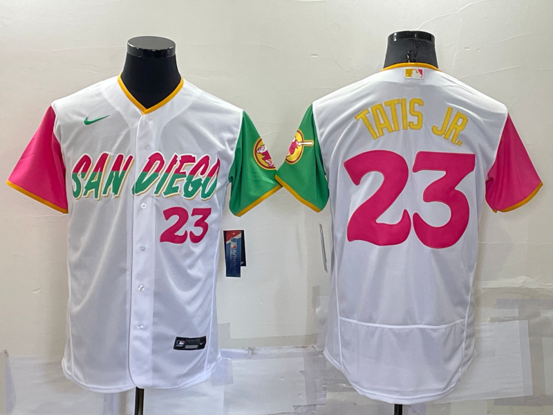 Men's San Diego Padres #23 Fernando Tatis Jr White Number 2022 City Connect Flex Base Stitched Jersey