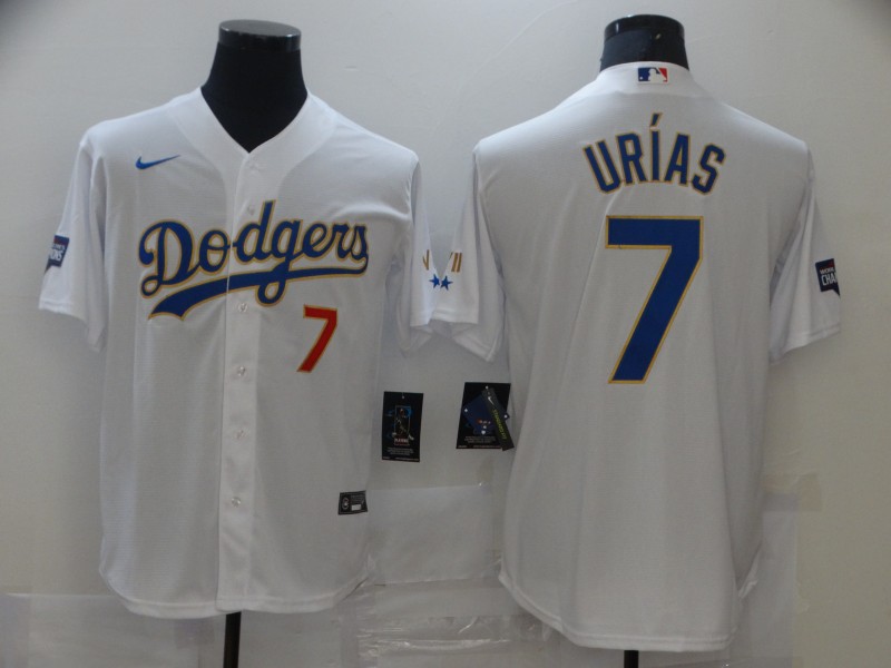 Men's Los Angeles Dodgers #7 Julio Urias Nike White/Gold 2021 Gold Program Player Jersey Men's Los Angeles Dodgers #7 Julio Urias Nike White/Gold 2021 Gold Program Player Jersey