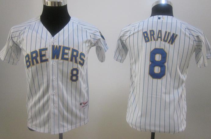 Kids Milwaukee Brewers 8# Ryan Braun White(Blue Stripes)MLB Jersey Cheap