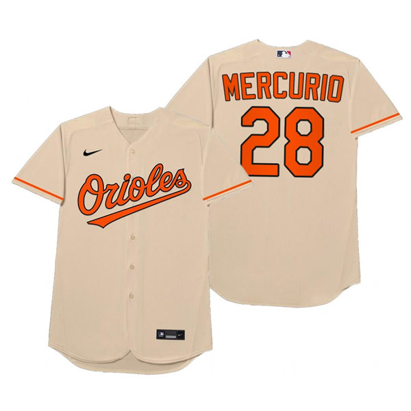 Mens Baltimore Orioles #28 Pedro Severino Nike Cream 2021 Players' Weekend Nickname Mercurio Jersey