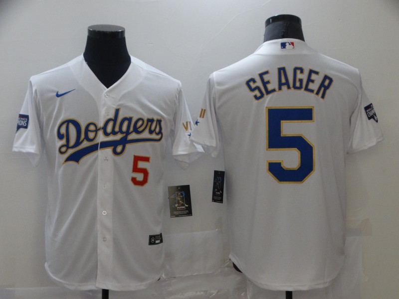 Men's Los Angeles Dodgers #5 Corey Seager Nike White/Gold 2021 Gold Program Player Jersey