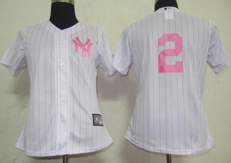 Cheap Women New York Yankees 2 Derek Jeter White(Pink strip)MLB Jersey