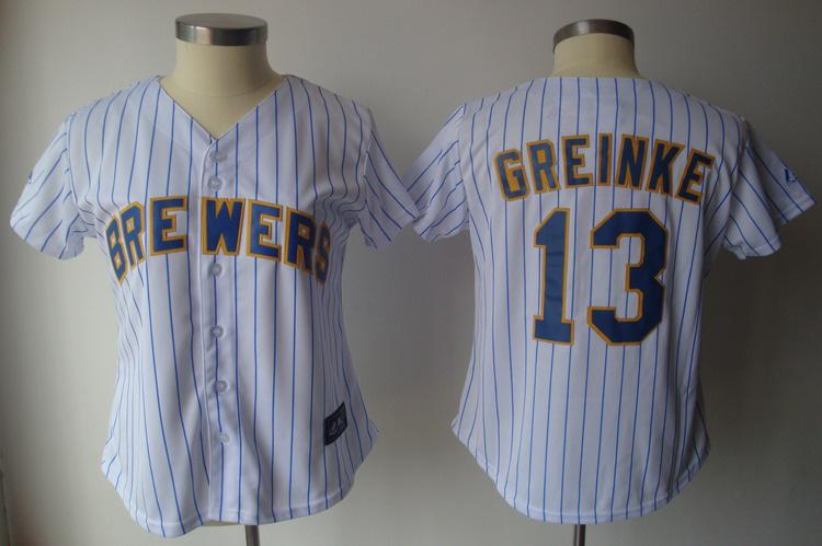 Women Milwaukee Brewers 13 Zack Greinke White(Blue strip)Jersey