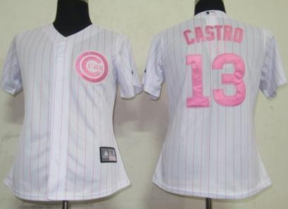 Women Chicago Cubs 13 Castro White(Pink Strip)MLB Jersey