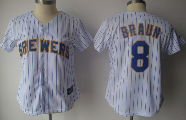 Women Milwaukee Brewers 8 Ryan Braun White(Blue Strip)Jersey