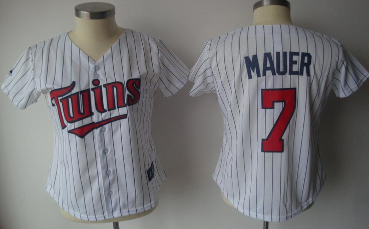 Women Minnesota Twins 7 Joe Mauer White(Blue Strip)Jersey